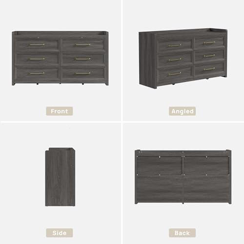 SICOTAS 6 Drawer Dresser - Extra-Wide 56.4" Wooden Chest with Large Storage for Bedroom & Living Room - Farmhouse Style