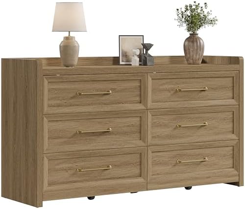 SICOTAS 6 Drawer Dresser - Extra-Wide 56.4" Wooden Chest with Large Storage for Bedroom & Living Room - Farmhouse Style