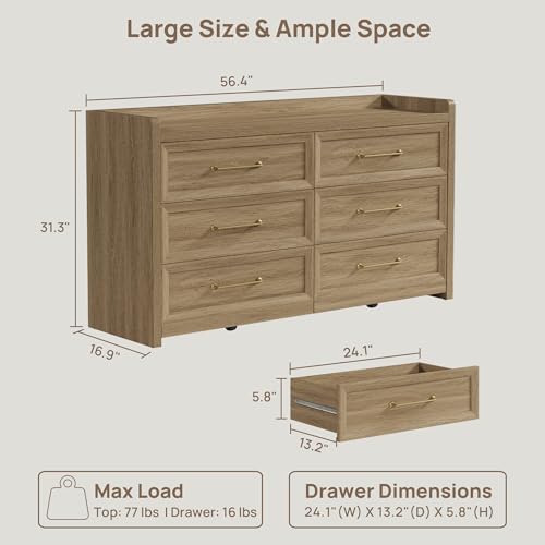SICOTAS 6 Drawer Dresser - Extra-Wide 56.4" Wooden Chest with Large Storage for Bedroom & Living Room - Farmhouse Style