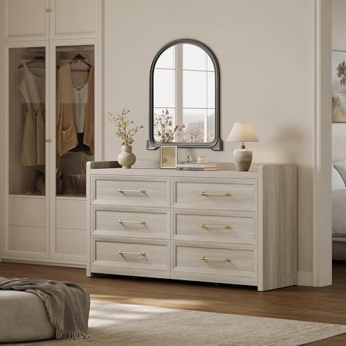 SICOTAS 6 Drawer Dresser - Extra-Wide 56.4" Wooden Chest with Large Storage for Bedroom & Living Room - Farmhouse Style