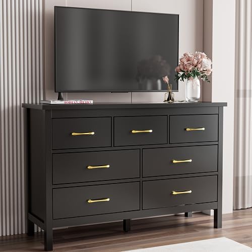 LYNSOM White Dresser for Bedroom - Modern 7-Drawer Storage Unit with Gold Handles, Multi-Functional TV Stand for Living