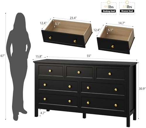 LYNSOM White Dresser for Bedroom - Modern 7-Drawer Storage Unit with Gold Handles, Multi-Functional TV Stand for Living