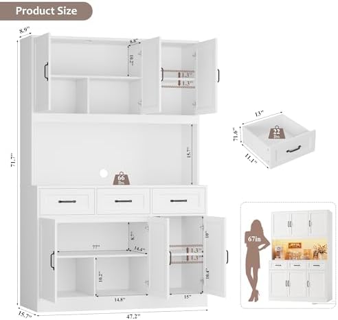 HOSTACK 72" Tall Kitchen Pantry Cabinet with Charging Station | Modern White Hutch with LED Lights, 47" W Storage for Di
