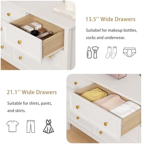 LYNSOM White Dresser for Bedroom - Modern 7-Drawer Storage Unit with Gold Handles, Multi-Functional TV Stand for Living