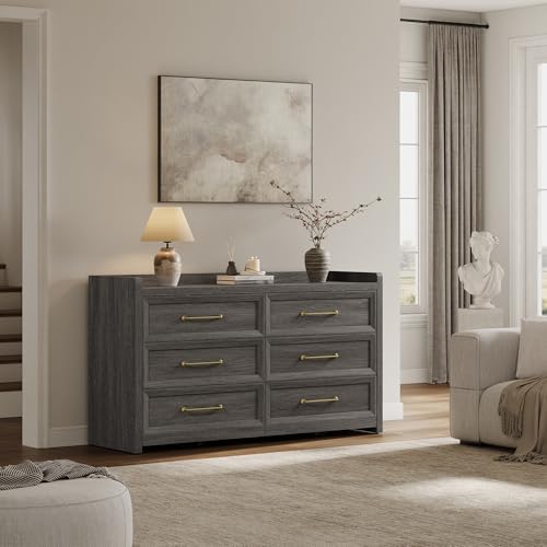 SICOTAS 6 Drawer Dresser - Extra-Wide 56.4" Wooden Chest with Large Storage for Bedroom & Living Room - Farmhouse Style