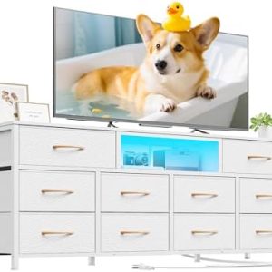 Furnulem 55” Long Dresser for Bedroom | Stylish TV Stand for 55-65 inch TVs | 10 Fabric Drawers with Power Outlet & LED