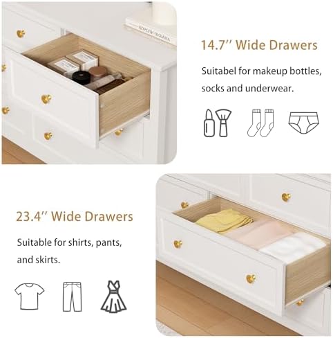 LYNSOM White Dresser for Bedroom - Modern 7-Drawer Storage Unit with Gold Handles, Multi-Functional TV Stand for Living