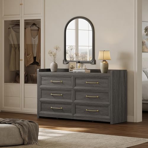 SICOTAS 6 Drawer Dresser - Extra-Wide 56.4" Wooden Chest with Large Storage for Bedroom & Living Room - Farmhouse Style