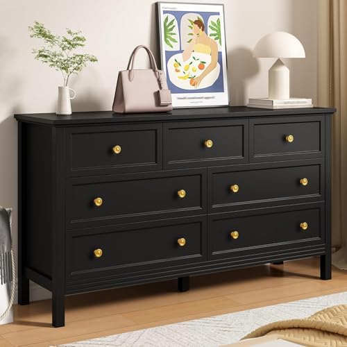 LYNSOM White Dresser for Bedroom - Modern 7-Drawer Storage Unit with Gold Handles, Multi-Functional TV Stand for Living