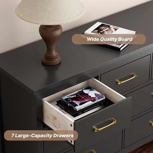 LYNSOM White Dresser for Bedroom - Modern 7-Drawer Storage Unit with Gold Handles, Multi-Functional TV Stand for Living
