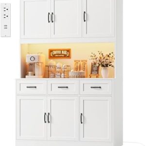 HOSTACK 72" Tall Kitchen Pantry Cabinet with Charging Station | Modern White Hutch with LED Lights, 47" W Storage for Di