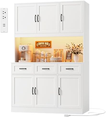 HOSTACK 72" Tall Kitchen Pantry Cabinet with Charging Station | Modern White Hutch with LED Lights, 47" W Storage for Di