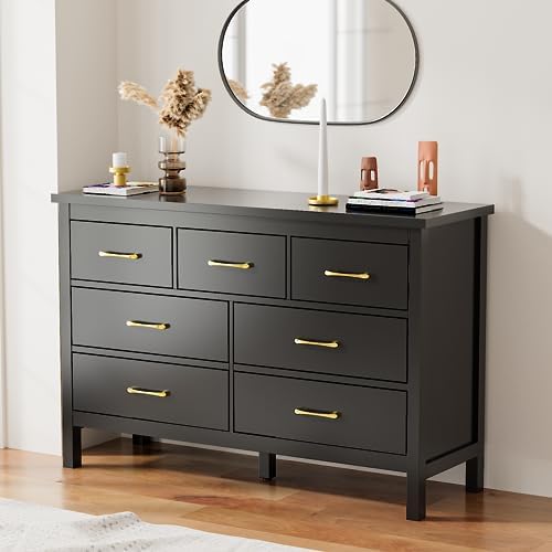 LYNSOM White Dresser for Bedroom - Modern 7-Drawer Storage Unit with Gold Handles, Multi-Functional TV Stand for Living
