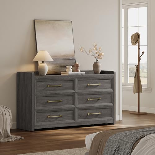 SICOTAS 6 Drawer Dresser - Extra-Wide 56.4" Wooden Chest with Large Storage for Bedroom & Living Room - Farmhouse Style