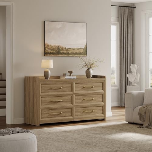 SICOTAS 6 Drawer Dresser - Extra-Wide 56.4" Wooden Chest with Large Storage for Bedroom & Living Room - Farmhouse Style