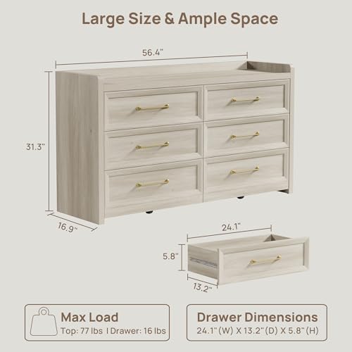 SICOTAS 6 Drawer Dresser - Extra-Wide 56.4" Wooden Chest with Large Storage for Bedroom & Living Room - Farmhouse Style