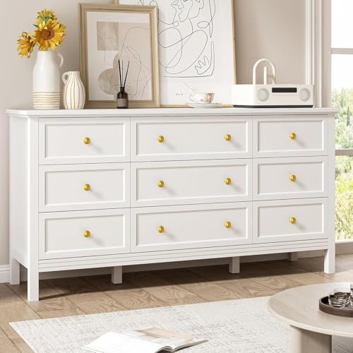 LYNSOM White Dresser for Bedroom - Modern 7-Drawer Storage Unit with Gold Handles, Multi-Functional TV Stand for Living