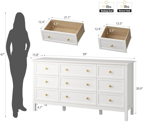 LYNSOM White Dresser for Bedroom - Modern 7-Drawer Storage Unit with Gold Handles, Multi-Functional TV Stand for Living