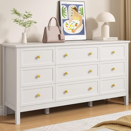 LYNSOM White Dresser for Bedroom - Modern 7-Drawer Storage Unit with Gold Handles, Multi-Functional TV Stand for Living