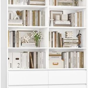 FINETONES 71" White Bookshelf with Drawers for Home Office - Tall Double Wide Storage Bookcase - Stylish Open Design for