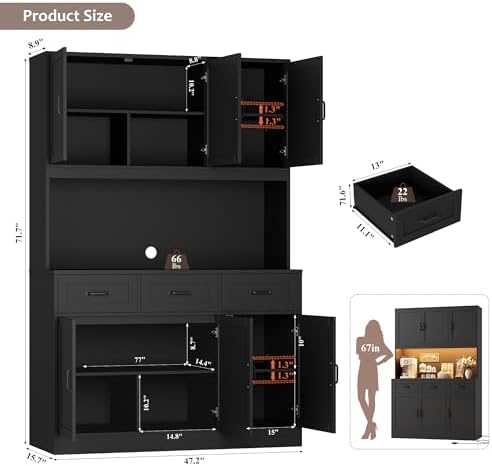 HOSTACK 72" Tall Kitchen Pantry Cabinet with Charging Station | Modern White Hutch with LED Lights, 47" W Storage for Di