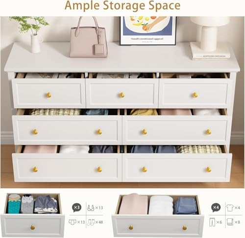 LYNSOM White Dresser for Bedroom - Modern 7-Drawer Storage Unit with Gold Handles, Multi-Functional TV Stand for Living