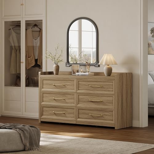 SICOTAS 6 Drawer Dresser - Extra-Wide 56.4" Wooden Chest with Large Storage for Bedroom & Living Room - Farmhouse Style