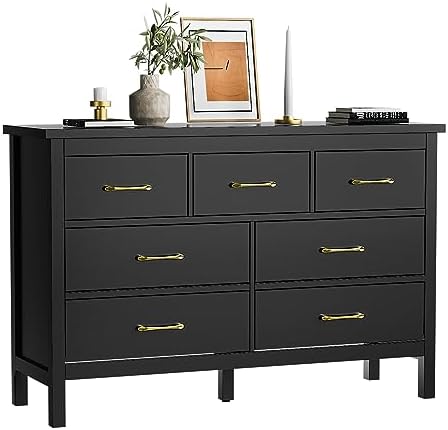 LYNSOM White Dresser for Bedroom - Modern 7-Drawer Storage Unit with Gold Handles, Multi-Functional TV Stand for Living