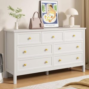 LYNSOM White Dresser for Bedroom - Modern 7-Drawer Storage Unit with Gold Handles, Multi-Functional TV Stand for Living