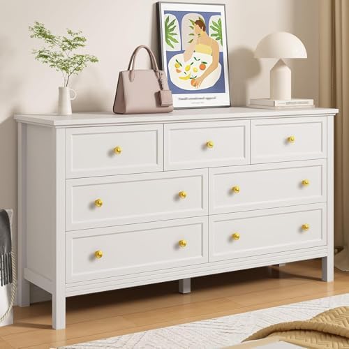 LYNSOM White Dresser for Bedroom - Modern 7-Drawer Storage Unit with Gold Handles, Multi-Functional TV Stand for Living