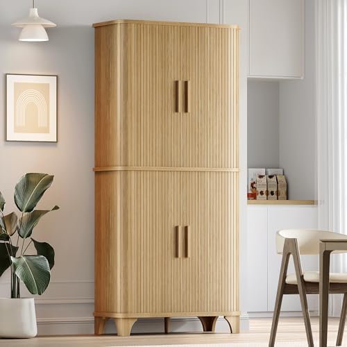 Modern 69" Tall Kitchen Pantry Storage Cabinet with Sliding Door - Stylish Walnut Cupboard with 5 Shelves for Kitchen, D