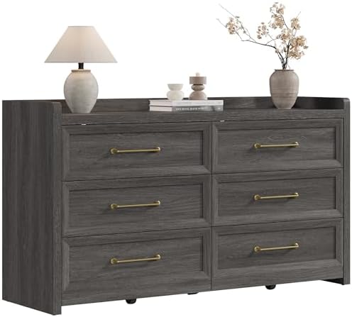 SICOTAS 6 Drawer Dresser - Extra-Wide 56.4" Wooden Chest with Large Storage for Bedroom & Living Room - Farmhouse Style