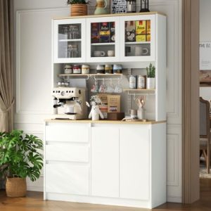 71" Modern Kitchen Pantry Cabinet with Glass Doors & Adjustable Shelves, Tall Hutch with 3 Drawers & Microwave Stand for