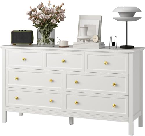LYNSOM White Dresser for Bedroom - Modern 7-Drawer Storage Unit with Gold Handles, Multi-Functional TV Stand for Living