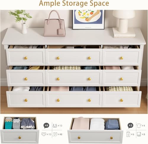 LYNSOM White Dresser for Bedroom - Modern 7-Drawer Storage Unit with Gold Handles, Multi-Functional TV Stand for Living