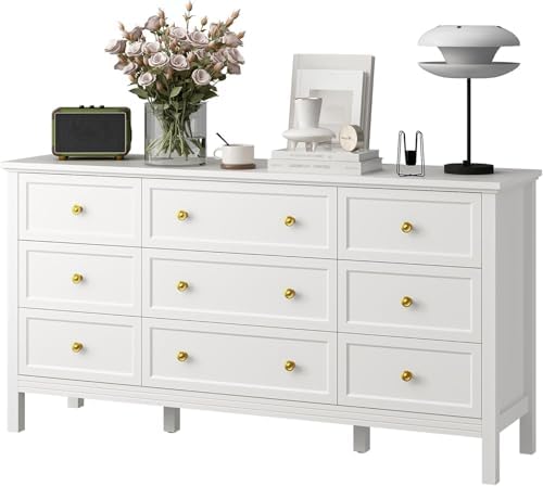 LYNSOM White Dresser for Bedroom - Modern 7-Drawer Storage Unit with Gold Handles, Multi-Functional TV Stand for Living