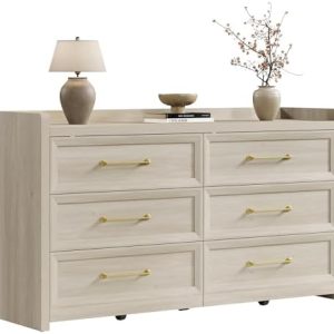 SICOTAS 6 Drawer Dresser - Extra-Wide 56.4" Wooden Chest with Large Storage for Bedroom & Living Room - Farmhouse Style