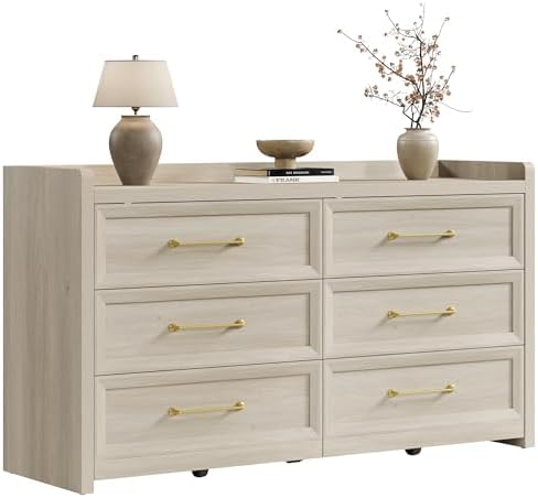 SICOTAS 6 Drawer Dresser - Extra-Wide 56.4" Wooden Chest with Large Storage for Bedroom & Living Room - Farmhouse Style
