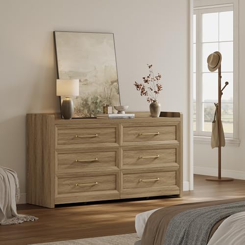SICOTAS 6 Drawer Dresser - Extra-Wide 56.4" Wooden Chest with Large Storage for Bedroom & Living Room - Farmhouse Style