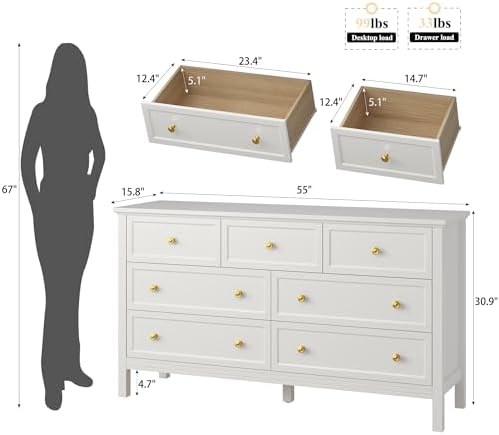 LYNSOM White Dresser for Bedroom - Modern 7-Drawer Storage Unit with Gold Handles, Multi-Functional TV Stand for Living