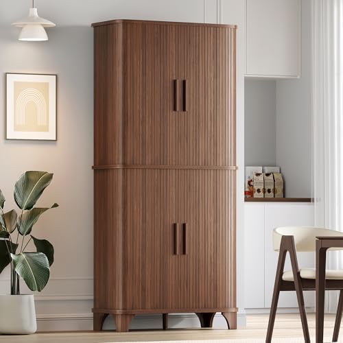 Modern 69" Tall Kitchen Pantry Storage Cabinet with Sliding Door - Stylish Walnut Cupboard with 5 Shelves for Kitchen, D