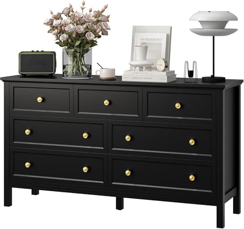 LYNSOM White Dresser for Bedroom - Modern 7-Drawer Storage Unit with Gold Handles, Multi-Functional TV Stand for Living