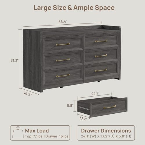 SICOTAS 6 Drawer Dresser - Extra-Wide 56.4" Wooden Chest with Large Storage for Bedroom & Living Room - Farmhouse Style