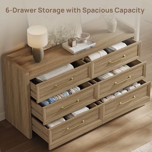 SICOTAS 6 Drawer Dresser - Extra-Wide 56.4" Wooden Chest with Large Storage for Bedroom & Living Room - Farmhouse Style