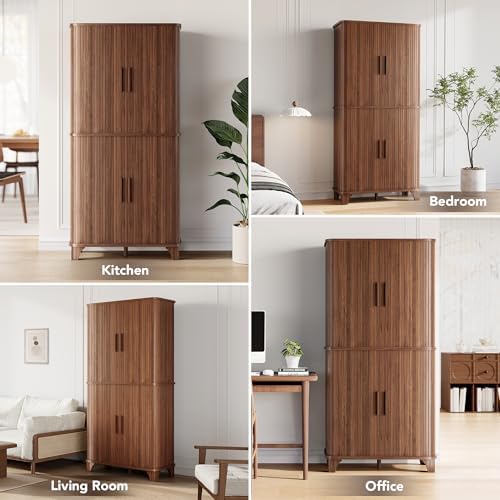 Modern 69" Tall Kitchen Pantry Storage Cabinet with Sliding Door - Stylish Walnut Cupboard with 5 Shelves for Kitchen, D