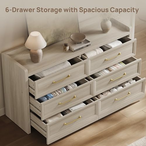 SICOTAS 6 Drawer Dresser - Extra-Wide 56.4" Wooden Chest with Large Storage for Bedroom & Living Room - Farmhouse Style