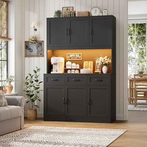 HOSTACK 72" Tall Kitchen Pantry Cabinet with Charging Station | Modern White Hutch with LED Lights, 47" W Storage for Di