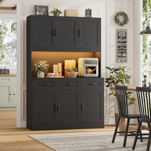 HOSTACK 72" Tall Kitchen Pantry Cabinet with Charging Station | Modern White Hutch with LED Lights, 47" W Storage for Di