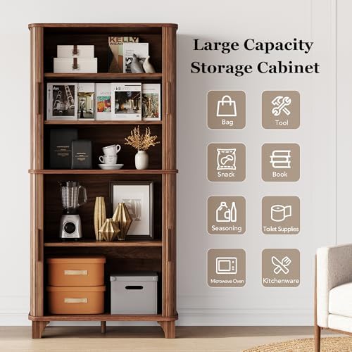 Modern 69" Tall Kitchen Pantry Storage Cabinet with Sliding Door - Stylish Walnut Cupboard with 5 Shelves for Kitchen, D
