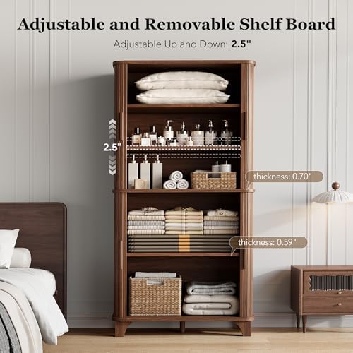 Modern 69" Tall Kitchen Pantry Storage Cabinet with Sliding Door - Stylish Walnut Cupboard with 5 Shelves for Kitchen, D